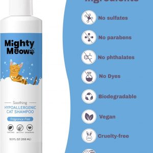 Soothing Hypoallergenic Cat Shampoo – Easy at-home Cat Grooming | Deodorizes | Gentle & Anti-itch | Natural & Allergy-safe Cat Shampoo Sensitive Skin – Fragrance Free | 9 fl oz